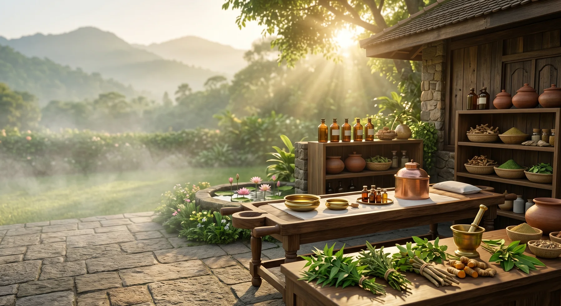 Traditional Ayurvedic setting in the Sri Lankan hill country